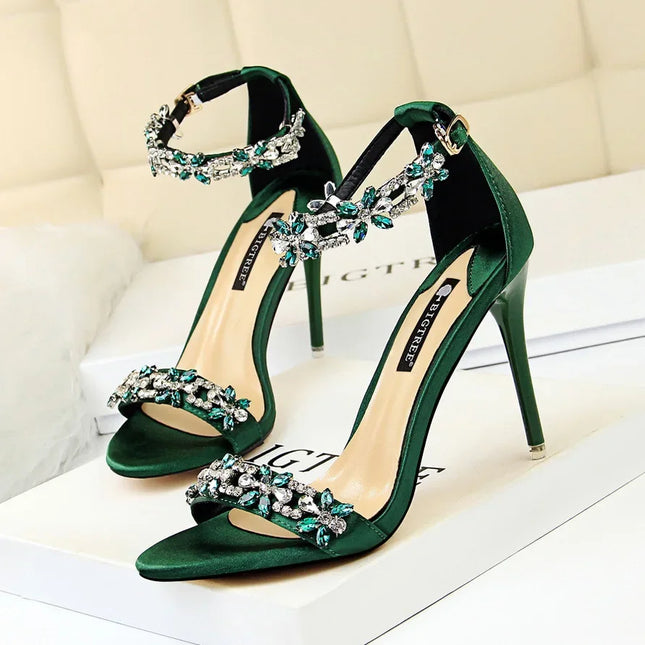 Soft Silk Open Toe Women Sandals 2024 Summer Luxury Crystal Ankle Buckle High Heels Shoes Bride Party Lady Green Red Black Pumps