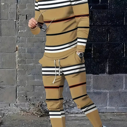 Spring And Fall Men's Long Sleeve Pant 2pcs Sets Red And Blue Striped 3D Print Man Set Everyday Fashion Men Long Sleeved T-shirt