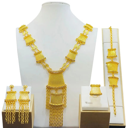 France Ethiopian Gold Color Jewelry Set For Women Dubai Necklace Bracelet Earrings Ring Set African Wedding Choker Wholesale