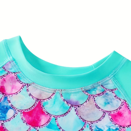 2-Piece Swimsuit Long-Sleeved Swimwear Kids Girl Crew Neck Scale Print Tops & Ruffle Detail Bikini Cut Briefs Swimming Suit 2025