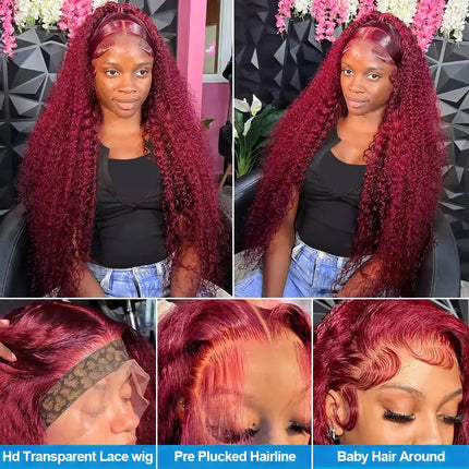 Deep Wave 99J Burgundy 13x6 Transprent Lace Frontal Wig Human Hair 13x4 Curly 30 40 Inch HD Lace Front Wigs Red Wine Water Wave