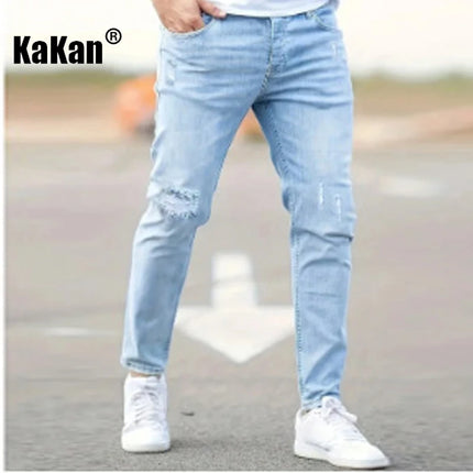 Kakan - European and American High-quality Men's Small Leg Elastic Hole Long Jeans, Street Tight New Jeans