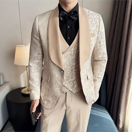 New (Blazer+vest+pants) for Men. Fashion. Casual. British Style. Singer Performance. High Density Jacquard Wedding Dress. Suit