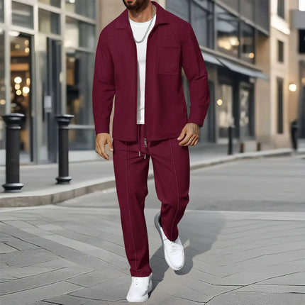 Men's Business Casual Two-Piece Set Spring Autumn Waffle Zippered Shirt Coat And Trousers Trendy Fashionable Outfit
