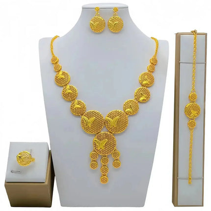 France Ethiopian Gold Color Jewelry Set For Women Dubai Necklace Bracelet Earrings Ring Set African Wedding Choker Wholesale