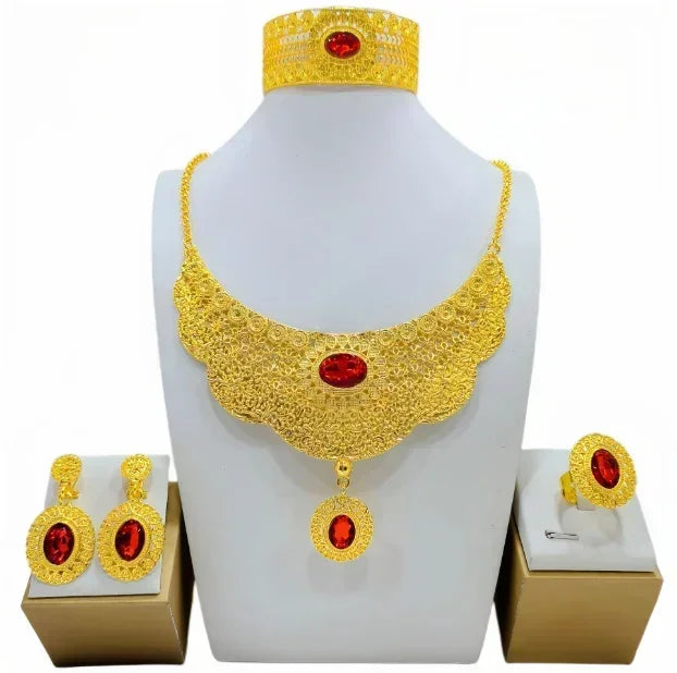 France Ethiopian Gold Color Jewelry Set For Women Dubai Necklace Bracelet Earrings Ring Set African Wedding Choker Wholesale