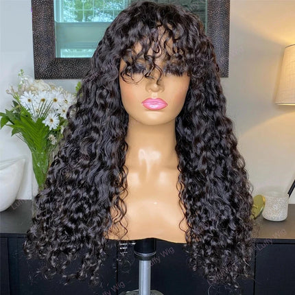 Water Wave Human Hair Wigs With Bangs For Women Full Machine Made 30 Inches Deep Curly Fringe Wig Glueless Wigs Natual Color