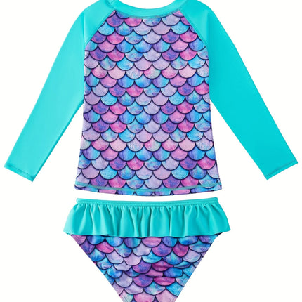 2-Piece Swimsuit Long-Sleeved Swimwear Kids Girl Crew Neck Scale Print Tops & Ruffle Detail Bikini Cut Briefs Swimming Suit 2025