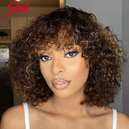 Short Pixie Bob Cut Human Hair Wigs With Bangs Full Machine Jerry Curly Wig Highlight Honey Blonde Water Wave Wigs For Women