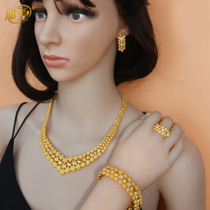 XUHUANG Dubai 2024 Gold Color Necklace Bracelet Jewelry Set For Women Ethiopian Arabic Charm Necklace Choker Set Wedding Gifts