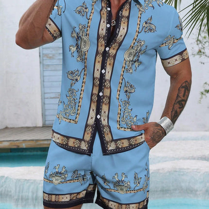 Baroque Luxury Printed Men's Shirt Shorts 2 Piece Set Summer Casual Shirt Hawaiian Beach Short-sleeved Men's Suits Clothing