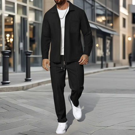 Men's Business Casual Two-Piece Set Spring Autumn Waffle Zippered Shirt Coat And Trousers Trendy Fashionable Outfit