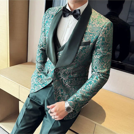 New (Blazer+vest+pants) for Men. Fashion. Casual. British Style. Singer Performance. High Density Jacquard Wedding Dress. Suit
