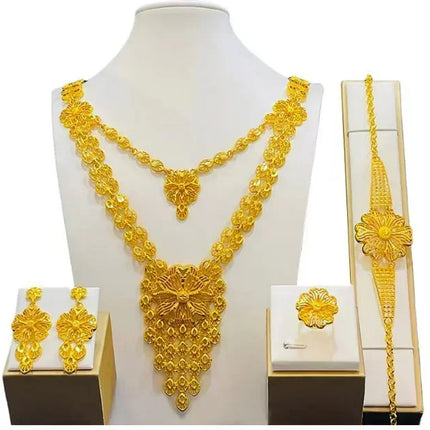 France Ethiopian Gold Color Jewelry Set For Women Dubai Necklace Bracelet Earrings Ring Set African Wedding Choker Wholesale