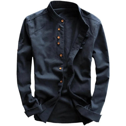 Vintage Men Stand Collar Long Sleeve Button Slim Blouse Shirt Spring Autumn Male Workwear Blouse Tops YZXFS-W2003