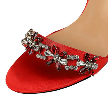 Soft Silk Open Toe Women Sandals 2024 Summer Luxury Crystal Ankle Buckle High Heels Shoes Bride Party Lady Green Red Black Pumps