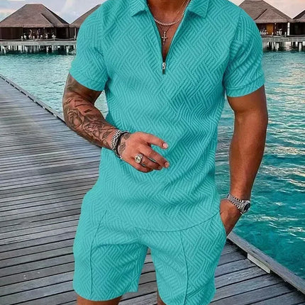 New 2025 Men's Polo Suit Fashion Men Sets Solid Summer V-neck Zipper Short Sleeve POLO Shirt+Shorts Two Pieces Men Casual Suit