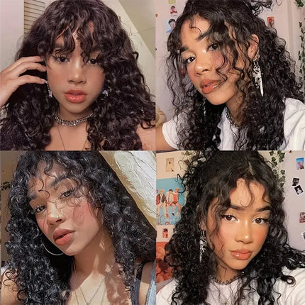 30 inch Water Wave Human Hair Wigs With Bangs Glueless Fringe Wig Kinky Curly Bob Wig with Bangs Full Machine Made Wig 180%