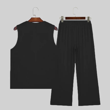 INCERUN Men Sets Solid Color Streetwear O-neck Sleeveless Tank Tops & Pants 2PCS Summer Loose Fashion Men's Casual Suits S-2XL