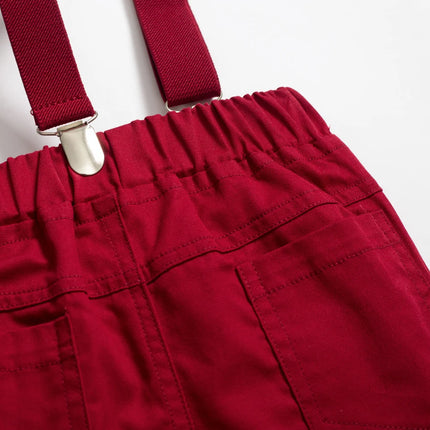 Gentleman Spring Autumn Outfit for Newborn Boy Cotton Baby First Formal Birthday Clothes Solid Pant with Strap Toddler Party Set