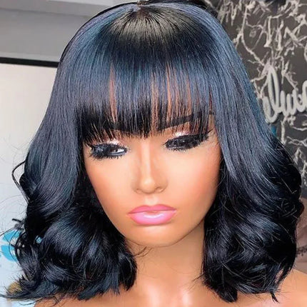 Short Bob Wig Loose Body Wave Wig With Bangs Brazilian Remy 100% Human Hair Wigs For Women Full Machine Glueless Wavy Bob Wigs