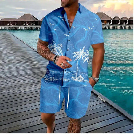 Hawaiian Vacation men's Fashion set, 3D flip-top Printed short-sleeved shirt, Casual Beach Capre Set