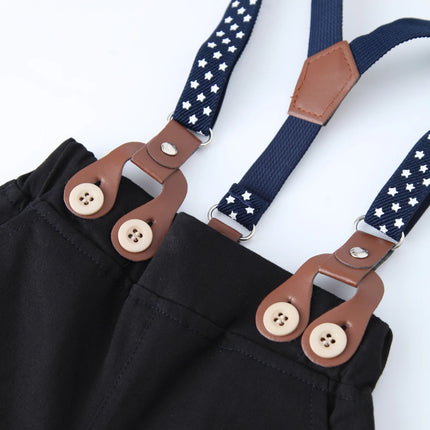 Gentleman Spring Autumn Outfit for Newborn Boy Cotton Baby First Formal Birthday Clothes Solid Pant with Strap Toddler Party Set