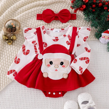 Baby Girl Festival Clothes Outfit Ruffle Trim Patch Long Sleeve Romper Dress with Bow Headband 2 Piece Set for Toddlers