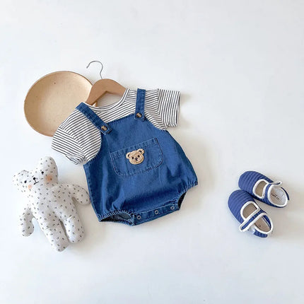 2024 Summer Cool Toddler Baby Clothing Set for Newborn Girls Striped T-shirt and Denim Bodysuits Overalls 2Pcs Boys Suits