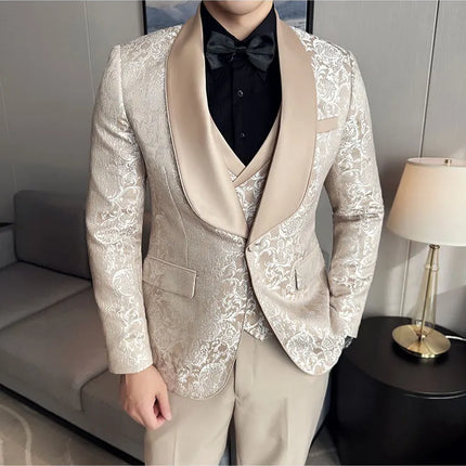 New (Blazer+vest+pants) for Men. Fashion. Casual. British Style. Singer Performance. High Density Jacquard Wedding Dress. Suit