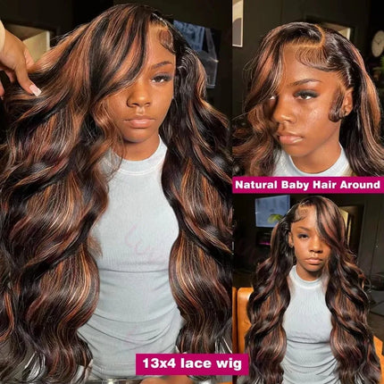 Linktowig 300 High Density Highlight Wig Human Hair Body Wave 13x6 HD Lace Frontal Wigs 1B/30 Black Brown Colored Human Hair Wig