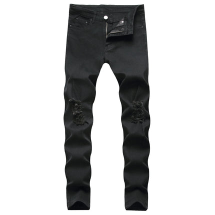 Denim Pencil Ankle Length Pants Men Jean Ripped Washed Zipper Fly Hole Jeans Skinny Solid Pockets High Street Distressed