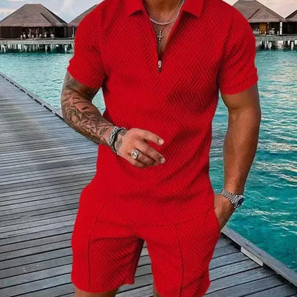 New 2025 Men's Polo Suit Fashion Men Sets Solid Summer V-neck Zipper Short Sleeve POLO Shirt+Shorts Two Pieces Men Casual Suit