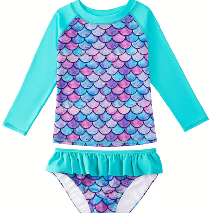 2-Piece Swimsuit Long-Sleeved Swimwear Kids Girl Crew Neck Scale Print Tops & Ruffle Detail Bikini Cut Briefs Swimming Suit 2025