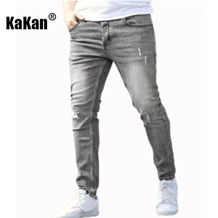 Kakan - European and American High-quality Men's Small Leg Elastic Hole Long Jeans, Street Tight New Jeans