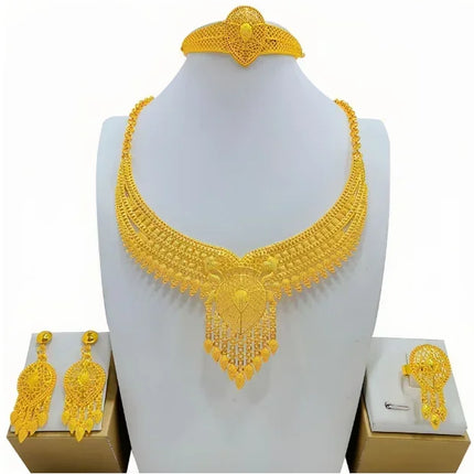 France Ethiopian Gold Color Jewelry Set For Women Dubai Necklace Bracelet Earrings Ring Set African Wedding Choker Wholesale