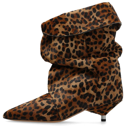 Arden Furtado 2025 Spring leopard print Large tubular boots Pointed toe Slip-on Pleated Middle heel Modern boots Short boots