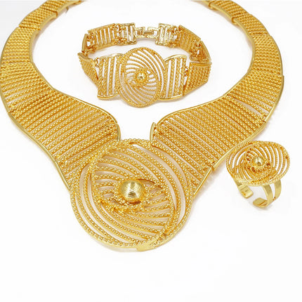 Africal Gold Color Big Jewelry Set Hollow Out Design Necklace Bracelet Earring Ring For Women Bridal Wedding Jewellery Gift