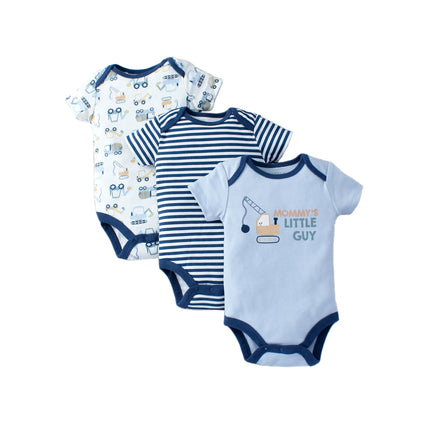 3PCS Summer Boys Three Piece Bodysuit Cartoon Car and Excavator Pattern Button Design Short Sleeve Bodysuit Mother's Day Gift
