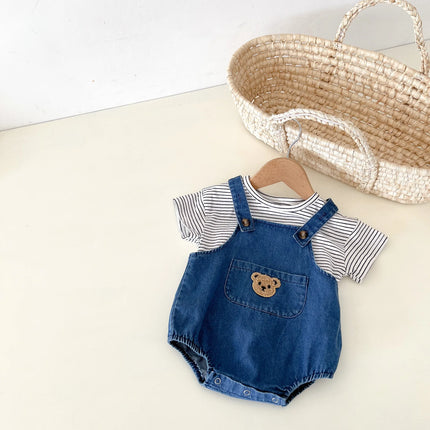 2024 Summer Cool Toddler Baby Clothing Set for Newborn Girls Striped T-shirt and Denim Bodysuits Overalls 2Pcs Boys Suits