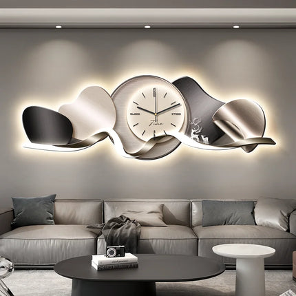 Luxury Wall Art With Built-in Clock Modern Living Room Decor 3D Wall Lamp Creative Sofa Background Painting Home Wall Decor