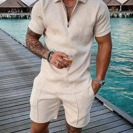 New 2025 Men's Polo Suit Fashion Men Sets Solid Summer V-neck Zipper Short Sleeve POLO Shirt+Shorts Two Pieces Men Casual Suit