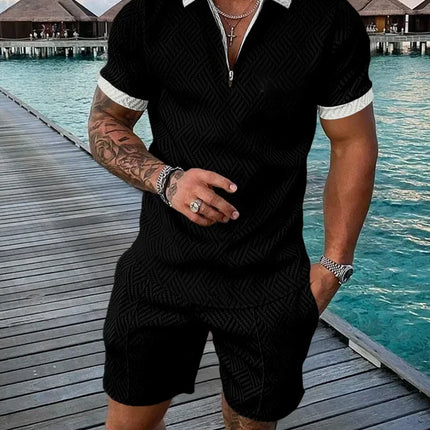New 2025 Men's Polo Suit Fashion Men Sets Solid Summer V-neck Zipper Short Sleeve POLO Shirt+Shorts Two Pieces Men Casual Suit