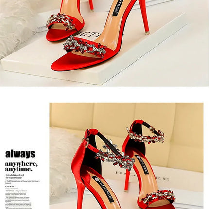 Soft Silk Open Toe Women Sandals 2024 Summer Luxury Crystal Ankle Buckle High Heels Shoes Bride Party Lady Green Red Black Pumps