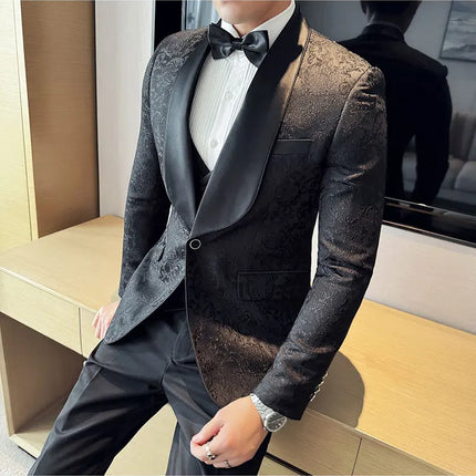 New (Blazer+vest+pants) for Men. Fashion. Casual. British Style. Singer Performance. High Density Jacquard Wedding Dress. Suit