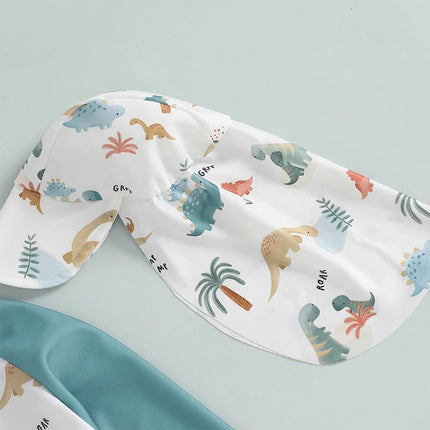 Toddler Baby Boys Swimsuit with Swim Cap Infant Rash Guard Summer Dinosaur/Shark Print Long Sleeve Zip Bathing Suit Beachwear