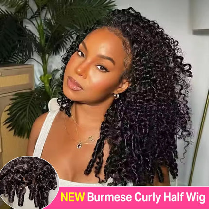 300% Glueless Burmese Curly Half Wig Human Hair Water Wave Headband Wig Upgrade 3 IN 1 Half Wig Ready to Wear Go Wigs on Sale