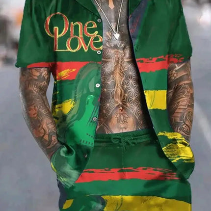 Hawaiian Vacation men's Fashion set, 3D flip-top Printed short-sleeved shirt, Casual Beach Capre Set