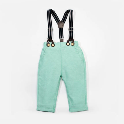 Gentleman Spring Autumn Outfit for Newborn Boy Cotton Baby First Formal Birthday Clothes Solid Pant with Strap Toddler Party Set