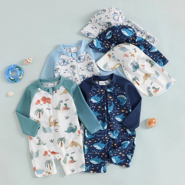 Toddler Baby Boys Swimsuit with Swim Cap Infant Rash Guard Summer Dinosaur/Shark Print Long Sleeve Zip Bathing Suit Beachwear